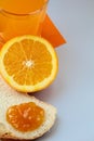 Orange, juice and toast with orange marmalade Royalty Free Stock Photo
