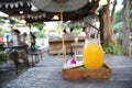 Orange juice on wooden tray Royalty Free Stock Photo