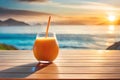 Orange juice on a wooden table with a view of the beach and the evening sky, Generative AI