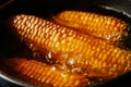 Orange juicy corn is boiled in water with salt. Corn in boiling water in a saucepan Royalty Free Stock Photo
