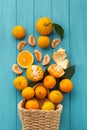 Orange juicy tangerine slices and peeled mandarines scattered on the wooden turquoise background. Flat lay. Copy space. Fresh Royalty Free Stock Photo