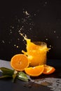 Orange juice splash in the bright sun with black background