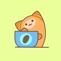 Orange kawaii cat holding a cup of coffee