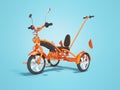 Orange kids bike with telescopic handle holder 3d render on blue background with shadow Royalty Free Stock Photo