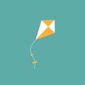 Orange kite flying in the turquoise sky. Flat cartoon design. Fantasy, creative, freedome