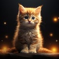 an orange kitten is sitting on a wooden table in front of glowing stars