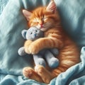 Orange Kitten Sleeping and Cuddling Teddy Bear on Soft Blue Pillow Close Up. Royalty Free Stock Photo