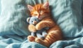 Orange Kitten Sleeping and Cuddling Teddy Bear on Soft Blue Pillow Close Up. Royalty Free Stock Photo