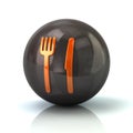 Orange knife and fork icon on black glossy sphere Royalty Free Stock Photo