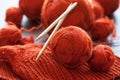 Orange knitwork with thread balls in a basket Royalty Free Stock Photo