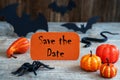 Orange Label, Text Save The Date, Scary Halloween Decoration