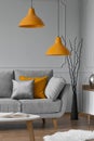 Orange lamp above grey scandinavian sofa in modern interior Royalty Free Stock Photo