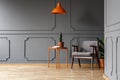 Orange lamp above table with plant next to armchair in grey apartment interior. Real photo
