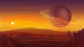 Orange landscape, sunset in the desert, rocks, mountains and beautiful sky. Nature on another planet with a huge planet.