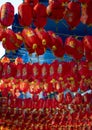 Orange lanterns hanging across Gerrard Street in Chinatown, to celebrate the Chinese New Year, London UK Royalty Free Stock Photo