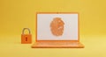Orange Laptop with Fingerprint Scan and Padlock on Yellow Background technology security Royalty Free Stock Photo