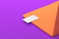 Orange laptop with white blank business card on violet background. 3d rendering. Cozy working place. Minimalism