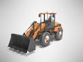 Orange large road frontal loader for road works 3D rendering on gray background with shadow