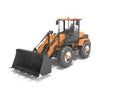 Orange large road frontal loader for road works 3D rendering on white background with shadow