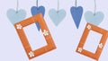 Orange leather frame and Blue wooden figurines of hearts on a lilac background. Banner. Lots of empty space.