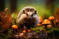 orange leaves in autumn and a hedgehog. Erinaceus europaeus, a European hedgehog. Photo taken with a wide angle lens Royalty Free Stock Photo