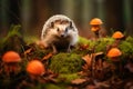 orange leaves in autumn and a hedgehog. Erinaceus europaeus, a European hedgehog. Photo taken with a wide angle lens Royalty Free Stock Photo