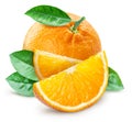 Orange with leaves and orange slices on white background. File contains clipping path Royalty Free Stock Photo