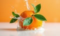 orange with leaves and splashes of water on a bokeh orange background Royalty Free Stock Photo