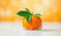 orange with leaves and splashes of water on a bokeh orange background Royalty Free Stock Photo