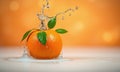 orange with leaves and splashes of water on a bokeh orange background Royalty Free Stock Photo