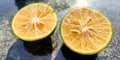 Orange lemon background.Double slice of lemon selective focus on texture background with copy space Royalty Free Stock Photo