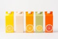 Orange and lemon juice dispensers on white background. Front view. Mock up of juice pack