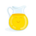 Orange lemon juice in a glass decanter with a cute face. Vector illustration of citrus lemonade drink in a jug. Summer