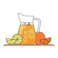 Orange lemonade with citrus slices, ice and meant in jug, cut lemon and orange. Isolated on white background.