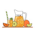 Orange lemonade with citrus slices, ice and meant in jug and glass with straw, cut lemon and orange. Isolated on white background.