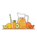Orange lemonade with citrus slices, ice and meant in jug and glass with straw, cut lemon and orange. Isolated on white background.