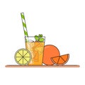Orange lemonade with fruit slices, ice and meant in glass with straw, cut lemon and orange. Isolated on white background. Modern f