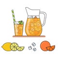 Orange lemonade with fruit slices, ice and meant in jug and glass with straw, cut lemon and orange. Isolated on white background. Royalty Free Stock Photo