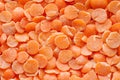 Orange lentils in bulk, flat grains, close-up, background top view