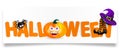 Orange lettering Halloween with pumpkin with happy face, spider, purple witch hat and legs with striped stockings isolated on whit