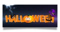 Orange lettering Halloween with pumpkin with happy face, witch hat and legs with striped stockings on dark night background with c