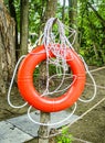 Orange Life buoy hanging on a wood post beside a river