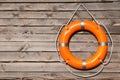 Orange life buoy hanging on wooden wall, space for text Royalty Free Stock Photo