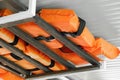 Orange life jackets for extremal situations on tourist boat