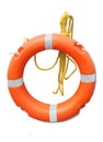 Bright orange lifebelt or life preserver with yellow rope isolated on a white background Royalty Free Stock Photo