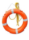 Orange lifebelt or life preserver with yellow rope isolated on white Royalty Free Stock Photo