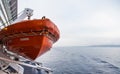 Orange Lifeboat Hanging Over Grey Water Royalty Free Stock Photo