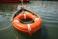 An orange lifebuoy adorns the bow of a small wooden boat