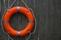 Orange lifebuoy hanging on grey wooden fence, space for text. Rescue equipment Royalty Free Stock Photo