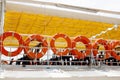 Orange Lifebuoys on ship board